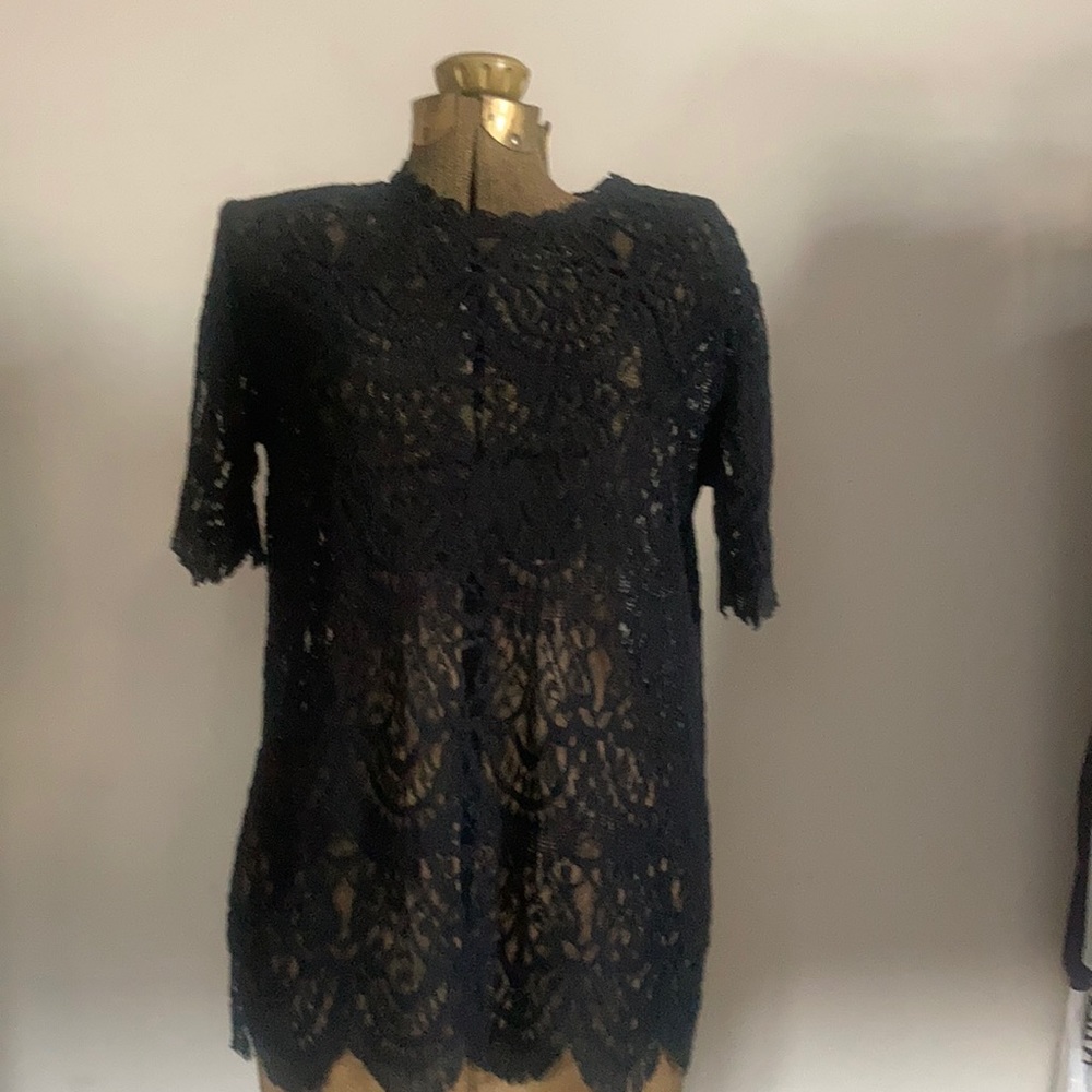 Black sheer lace top with scalloped eyes on arm sleeves and bottom of waist